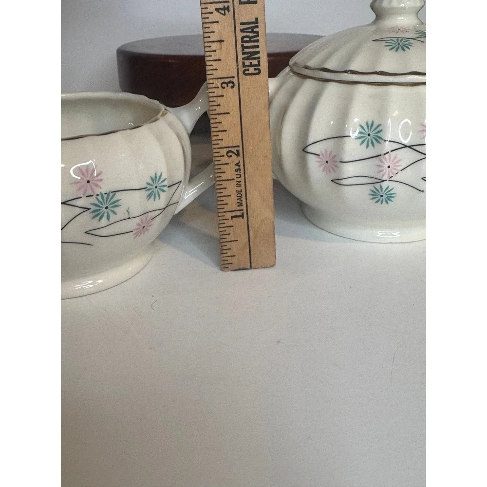 Vintage Atomic Starburst Creamer Sugar Set MCM Pink Blue‎ Floral Gold Trim